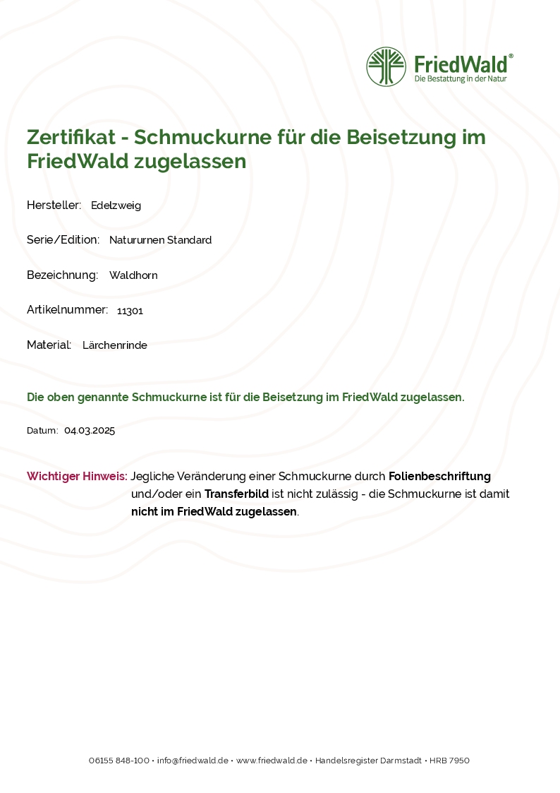 Zertifikat Edelzweig-Urnen für Friedwald