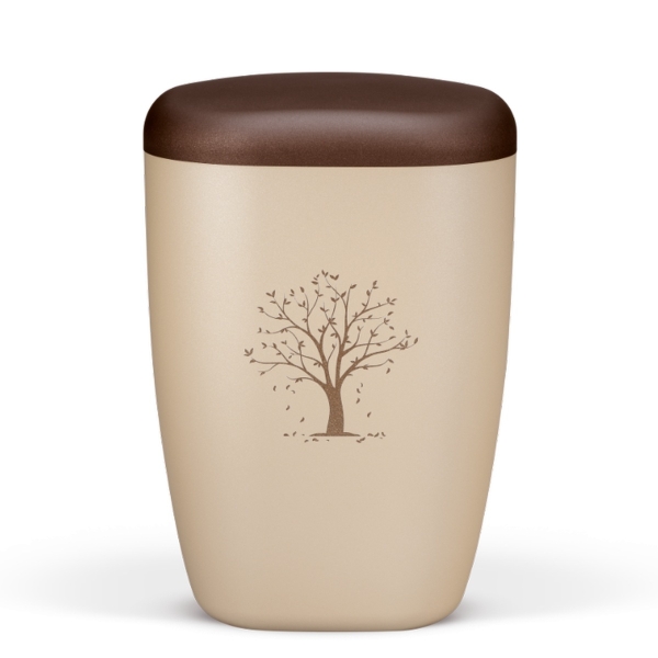 Naturstoffurne, Perlbeige Lasergravur, Baum fallende Blätter, Deckel Kastanienbraun