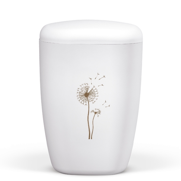 Naturstoffurne, Weiß-Matt, Lasergravur, Pusteblume (Braun)