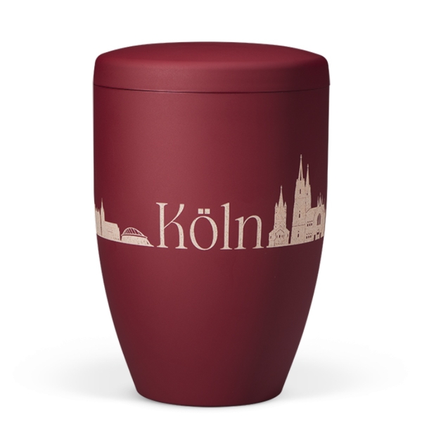 Naturstoffurne, Weinrot Velours, Lasergravur Stadt Köln