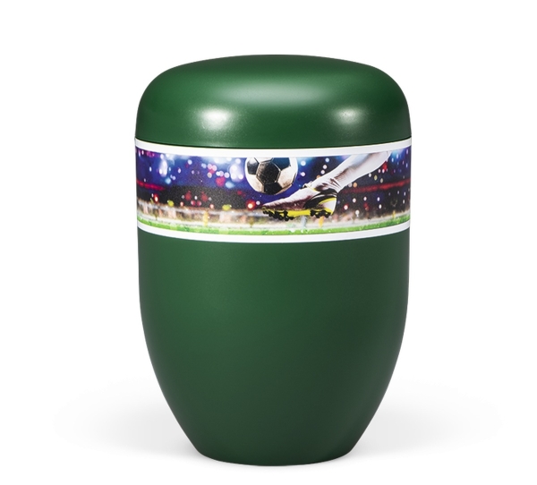 Naturstoffurne, Kieferngrün, Dekor "Fußball"