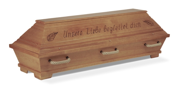 klassischer Kiefernsarg 012 mit "Unsere Liebe begleitet Dich", rustikal