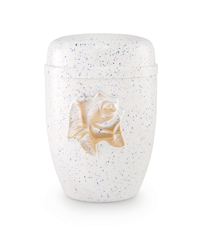 Stahlurne wei&szlig;-blau mit Rosenbl&uuml;te und