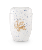 Stahlurne wei&szlig;-blau mit Rosenbl&uuml;te und