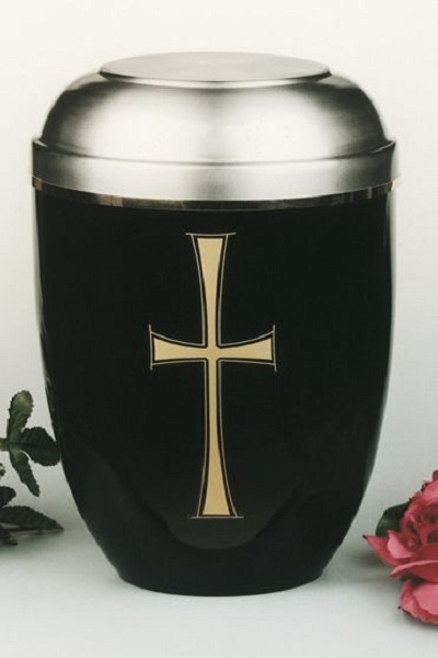 Stahlurne ZIHESTA Deckel, Schwarz, Goldband, Goldkreuz