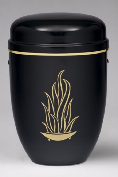 Stahlurne Schwarz, Goldflamme, Goldband am Deckel