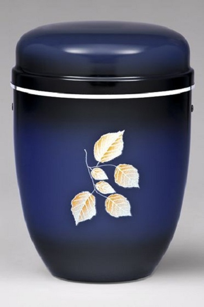 Stahlurne Blau-Schwarz patiniert, ART DESIGN Bl&auml;tter, Silberband
