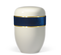 Naturstoffurne Cremeweiss, Samtband Dunkelblau, Golddekor...