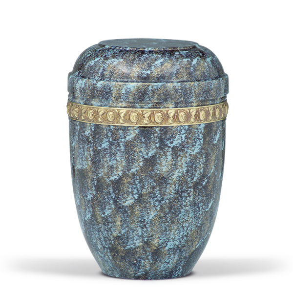 Stahlurne Blau-Bronze patiniert, Rosendekor