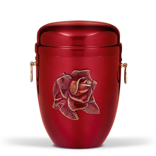 Stahlurne Weinrot, MS Griffe, Massives Emblem in Weinrot-Bronze