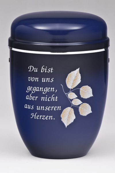 Stahlurne Blau-Schwarz pat.ART DESIGN Bl&auml;tter, Silberb.Tr.text 2