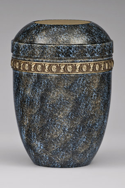 Stahlurne Blau-Bronze Handpatiniert, Messing Rosendekor