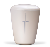 Biourne in cremeweiss-perlmutt mit modernem Kreuz