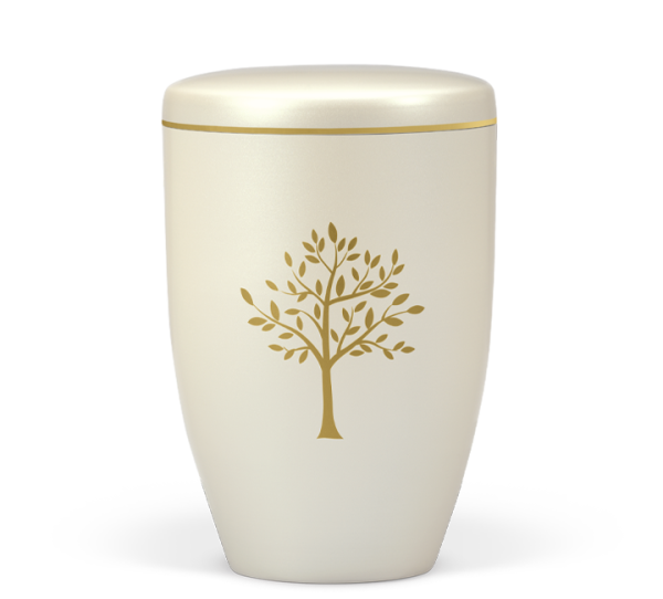 Naturstoffurne Cremewei&szlig; Perlmutt Dekor Baum, Goldband