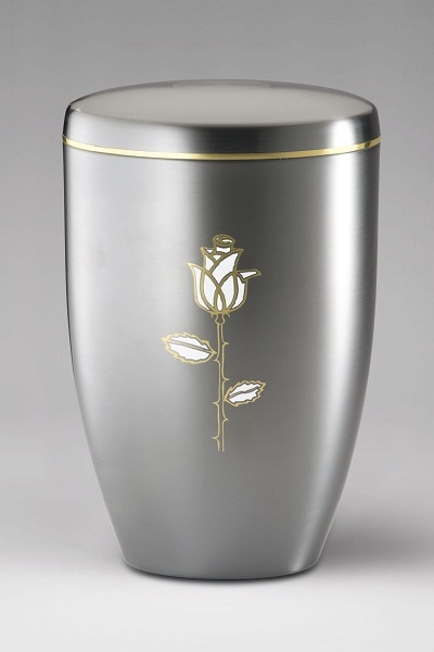Stahlurne ZIHESTA, "Rose" Weiss-Gold Gl&auml;nzend, Goldband