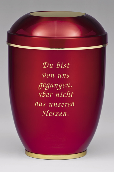 Stahlurne Bordeaux, Goldband, Sockel Messing poliert, Trauertext Nr. 2