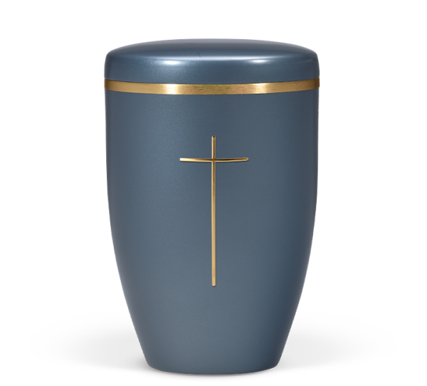 Naturstoffurne Perlmutt blau Stripdome Kreuz und Goldband