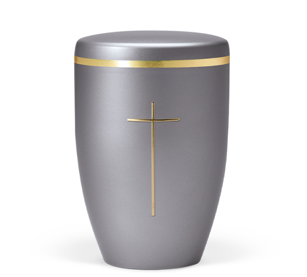 Naturstoffurne grau Stripdome Kreuz und Goldband