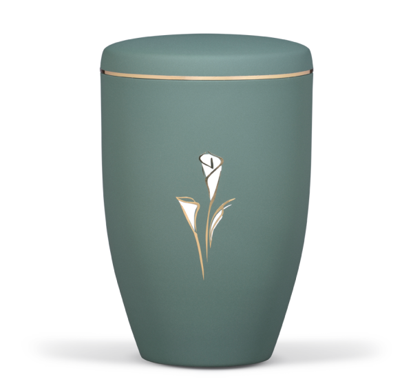 Stahlurne Velour Olivegr&uuml;n, Calla Gold-Weiss mit Goldband
