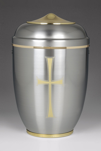 Stahlurne ZIHESTA, Haube-Sockel Mess.pol., Goldband, Goldkreuz