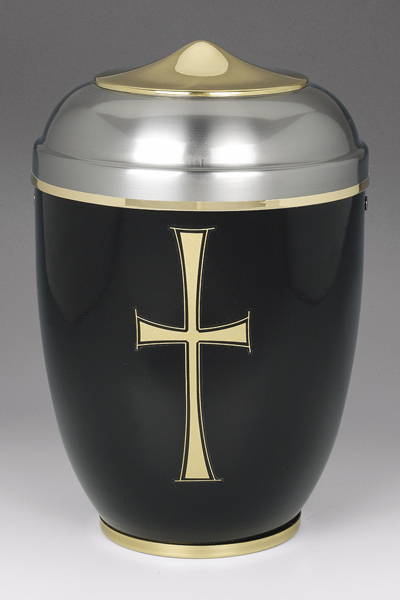 Stahlurne Schwarz/ZIHESTA,  Haube-Sockel Mess.GB, Goldkreuz