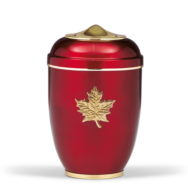 Stahlurne Bordeaux Rot, Ahornblatt Mess. poliert, Messing Sockel, GB