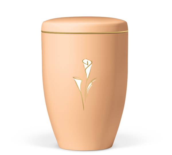 Naturstoffurne ockerorange Calla, Gold/Wei&szlig; verspiegelt, Goldband
