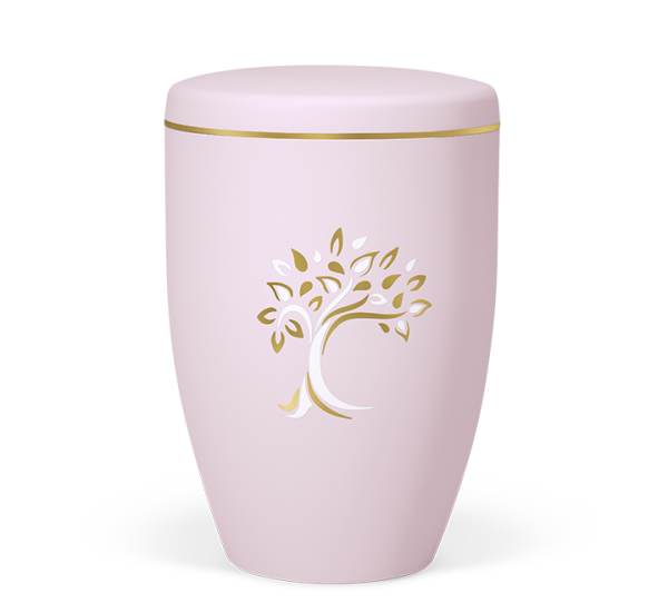 Naturstoffurne Hellrosa Dekor: Baum, Art Decor Gold/Weiss verspiegelt, Goldband