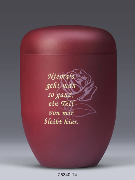 Naturstoffurne Weinrot Velour,  Airbrusch Rosenbl&uuml;te, Trauertext Nr. 4