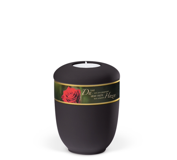 Mini-Keramikurne Anthrazit Velour, Dekorband "Rosenbl&uuml;te", Trauertext 2