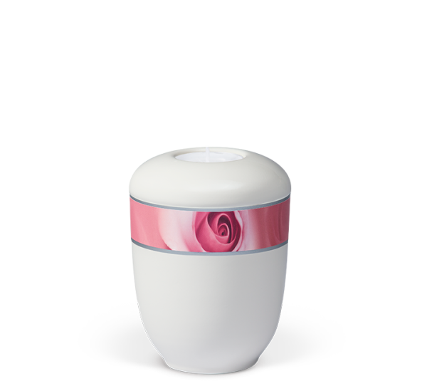 Mini-Keramikurne Cremeweiss, Dekorband Rosenbl&uuml;te