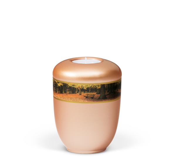 Mini-Keramikurne Fishsilber Apricot, Dekorband - Waldlandschaft