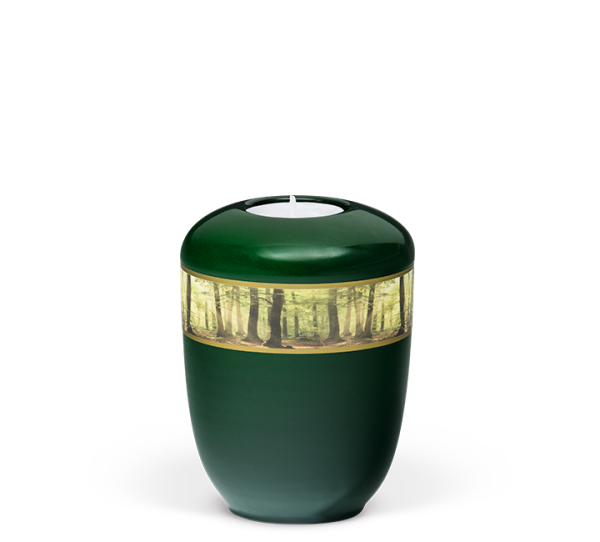Mini-Keramikurne Moosgr&uuml;n, Dekorband "Waldlichtung" (25750 o.T.)