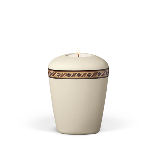 Mini-Keramikurne Beige Velours, Dekorband Rautenkordel