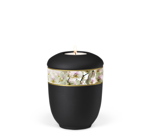 Keramik Anthrazit-Velours, mini Gedenklicht,Dekor:Orchideen