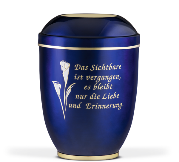 Stahlurne Kobalt-Blau,  Mess. Platte, MS Fu&szlig;l, GB, Trauertext Nr.6