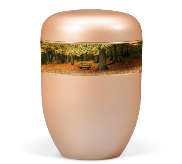 Naturstoffurne, Fishsilber Apricot Dekorband: Waldlandschaft