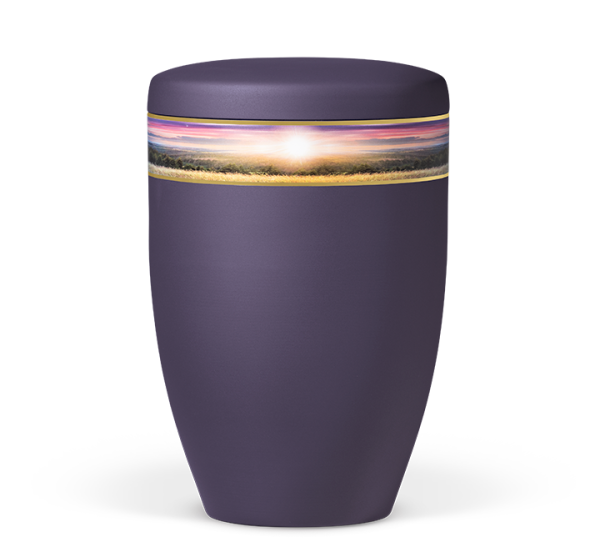 Naturstoffurne, Violett Velours, Dekorband Landschaft