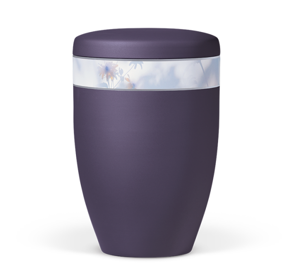 Naturstoffurne, Violett Velours, Dekorband Floral farblich