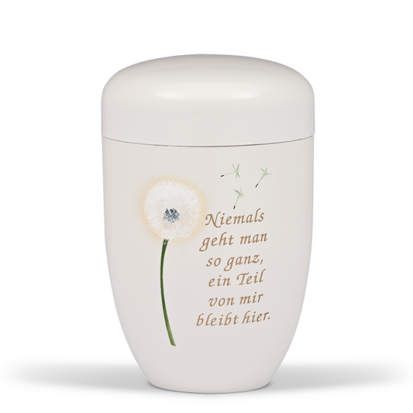 Naturstoffurne Cremeweiss, Airbrusch  Pusteblume, Trauertext Nr. 4