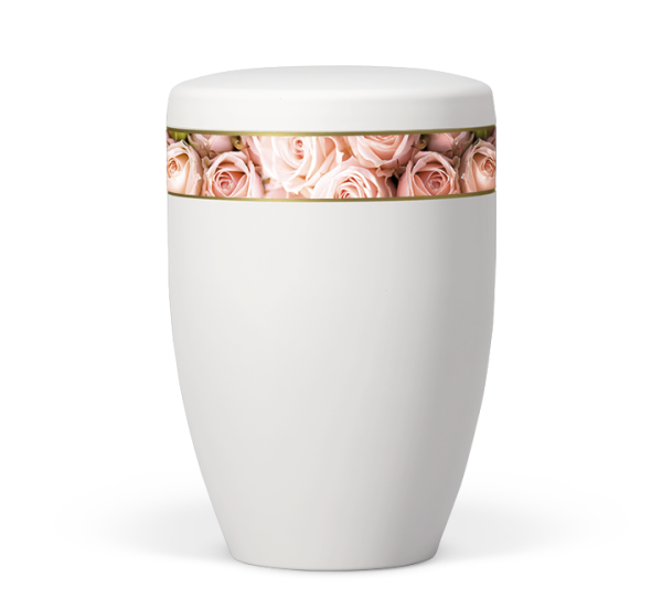 Naturstoffurne, Matt-Wei&szlig;,  Dekor: Rosenbl&auml;tter-Rosa