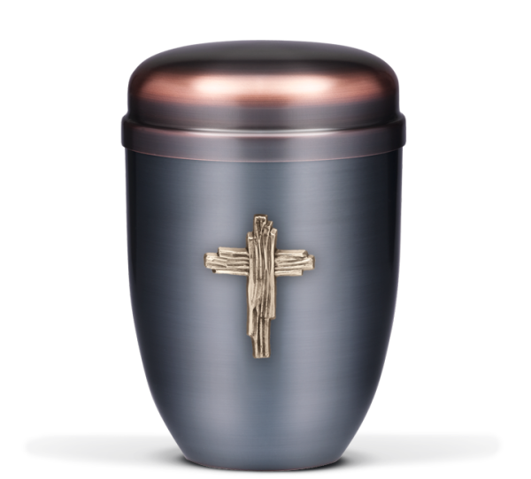 Kupferurne Dunkel galvanisch, Modernes Messing Kreuz