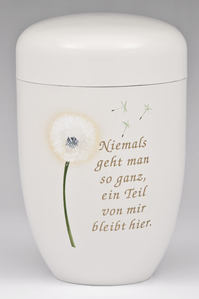 Stahlurne, Designerurne Cremewei&szlig;, Airbrush  "Pusteblume" mit Trauertext Nr. 4