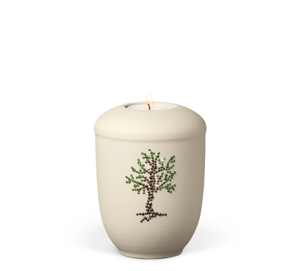 Keramikurne Elfenbein-Beige Gedenklicht, Baum natur, Hochwertige Kristalle