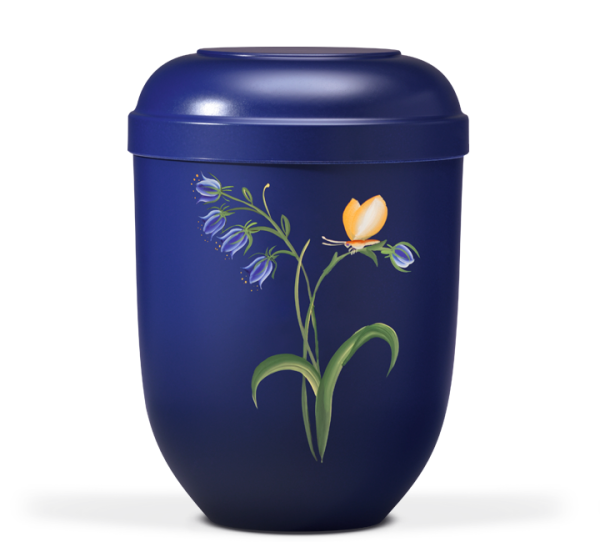 Biourne Kobalt Blau, Handgemalt, Motiv: Glockenblume mit Falter