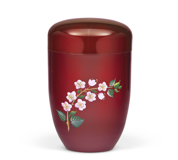 Stahl-Designerurne, Bordeaux, Handgemalt,  "Kirschbl&uuml;ten"