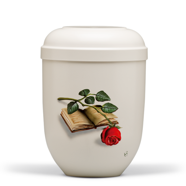 Biourne Cremeweiss, Handgemalt, Motiv: Buch mit Rose