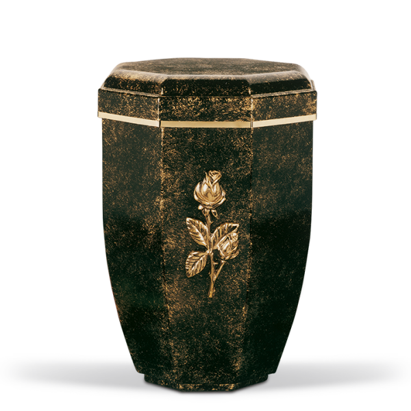 Stahlurne Achteckig, Schwarz-Bronze patina., Goldband, Rosenzweig