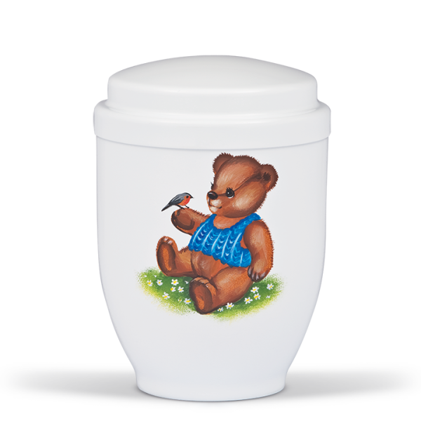 Kleinurne aus Stahl, Weiss, Handmalerei  "Teddy B&auml;r"