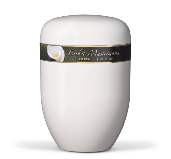 Naturstoffurne Cremeweiss, Dekorband Calla, Pers&ouml;nliche Sterbedaten